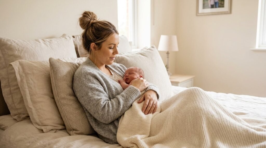 mom resting in bed illustrating a timeline for postpartum stair safety after c-section
