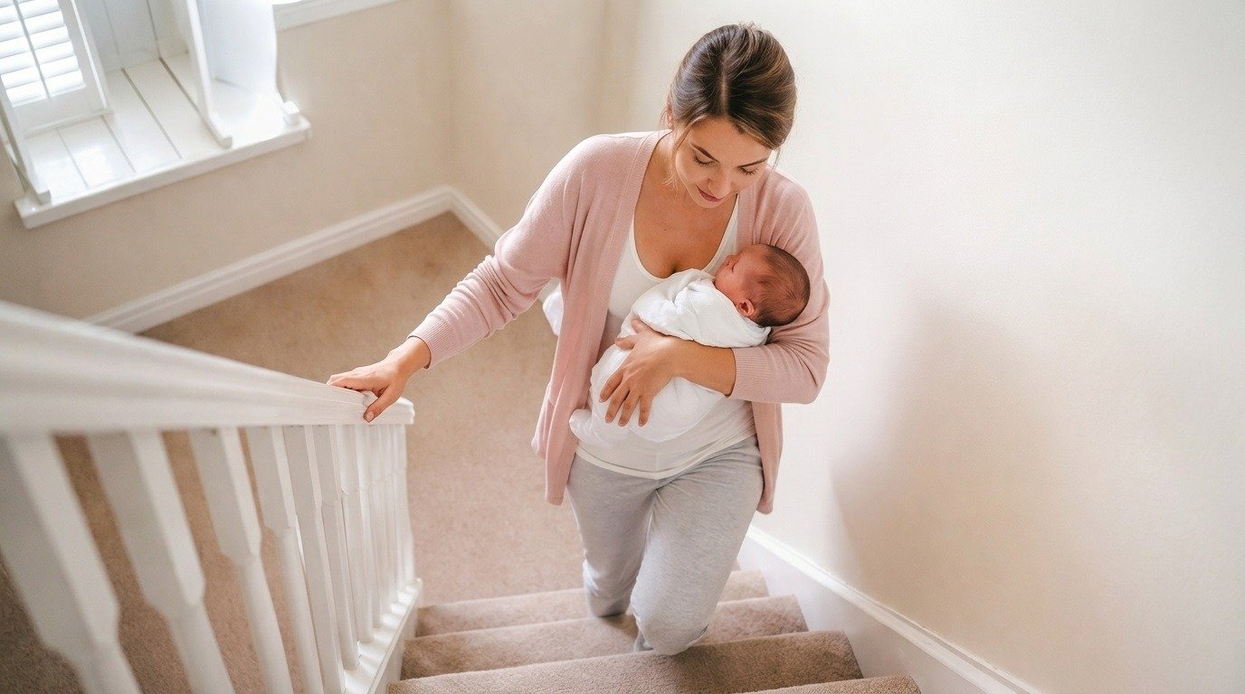 mom after birth climbing stairs illustrating postpartum stair safety tips