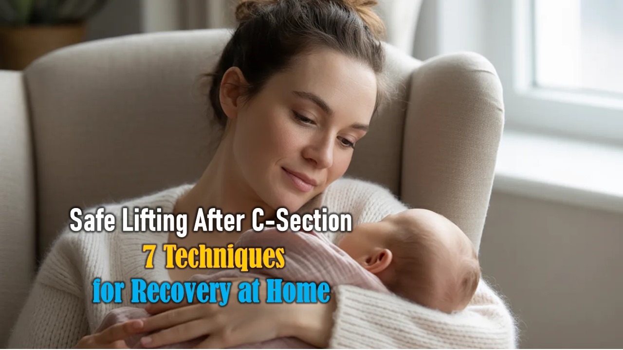 Brace-and-hug method for lifting baby without core pain after C-section, safe lifting after C-section guide