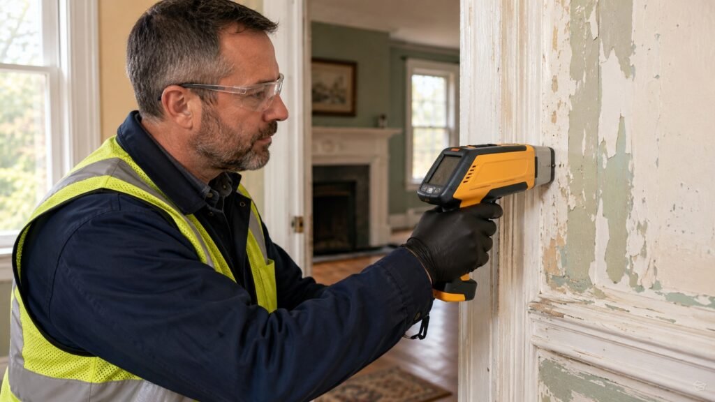 Certified lead inspector using an XRF analyzer to test for lead paint in a pre-1978 home