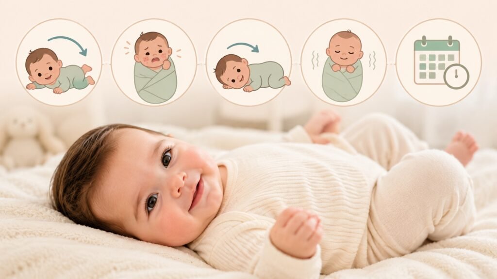 5 signs your baby is ready to stop swaddling: attempting to roll, breaking out, moving to side, fading startle reflex, and reaching 3-4 months