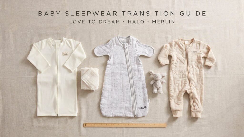 Comparison of baby transition swaddle products including Love to Dream, HALO SleepSack, and Merlin Magic Sleepsuit