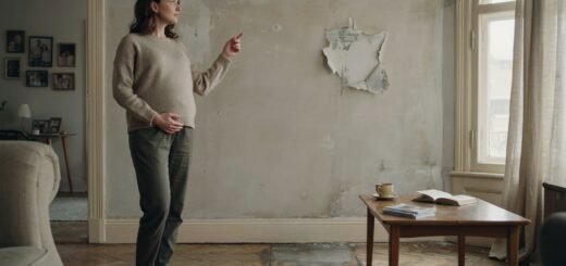 A pregnant woman standing in a living room, looking at peeling paint on a wall, symbolizing lead paint exposure risk during pregnancy.