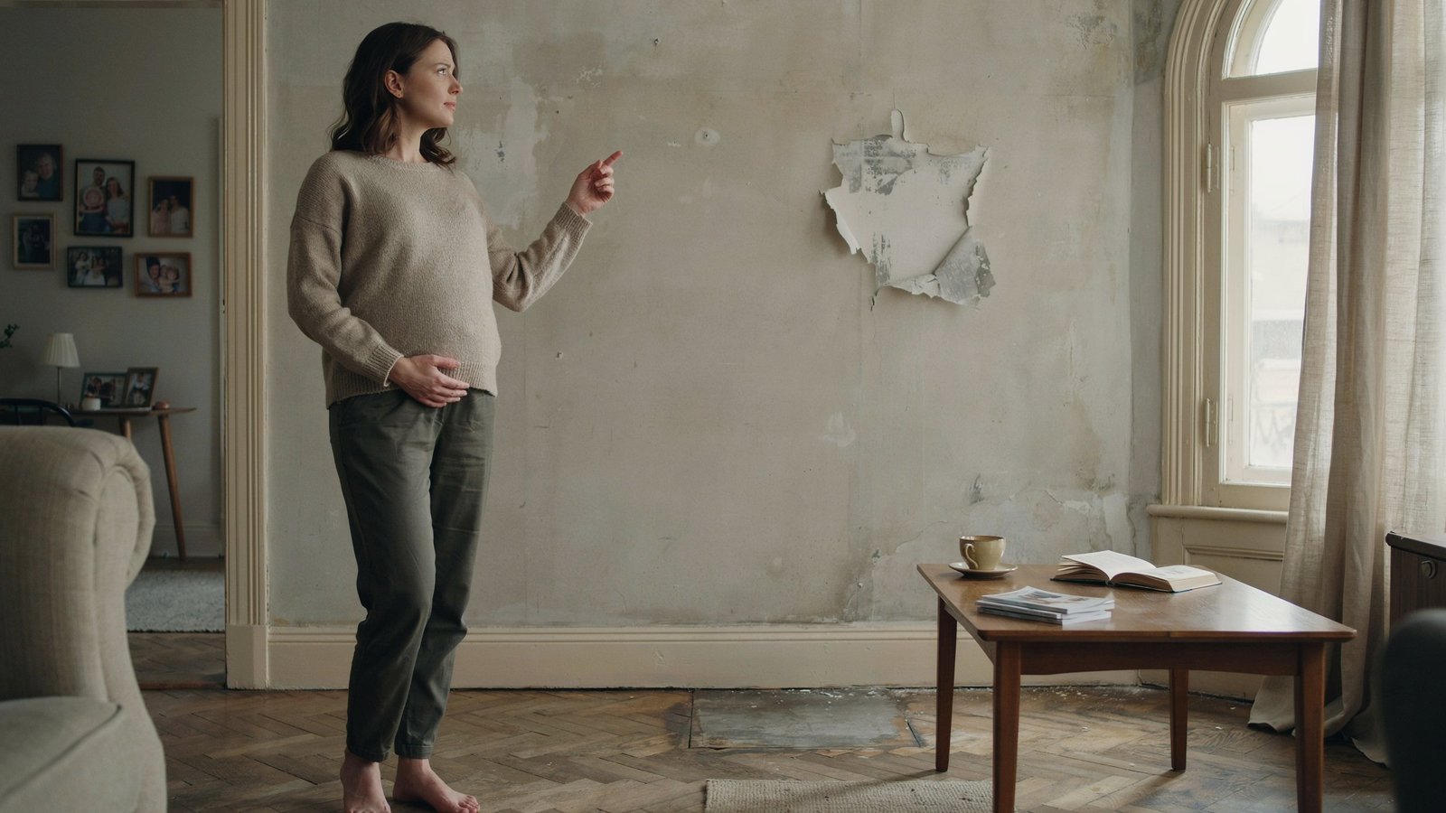 A pregnant woman standing in a living room, looking at peeling paint on a wall, symbolizing lead paint exposure risk during pregnancy.