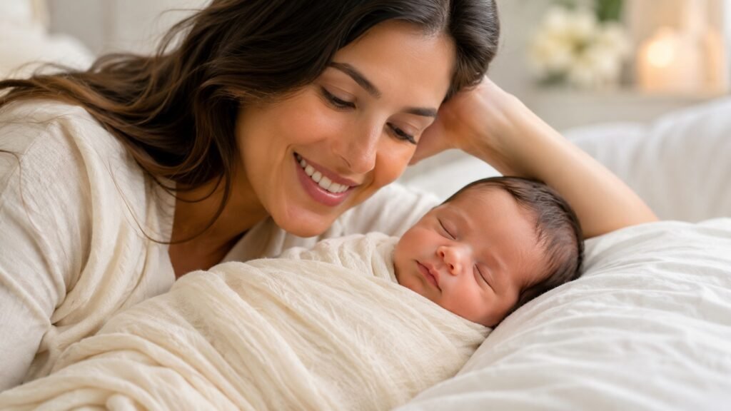 newborn baby sleeping peacefully in a swaddle with mother watching nearby illustrating when to stop swaddling baby for safe sleep