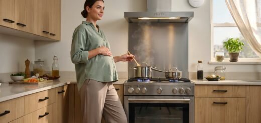 pregnant woman standing in a well-ventilated kitchen with a gas stove, range hood running, and a carbon monoxide detector visible on the wall, illustrating gas appliance safety during pregnancy