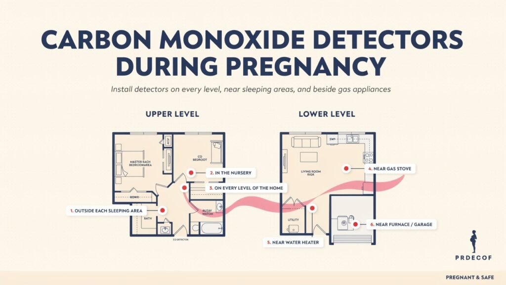 Diagram showing where to install carbon monoxide detectors during pregnancy, on every level of the home, near sleeping areas, and in rooms with gas appliances