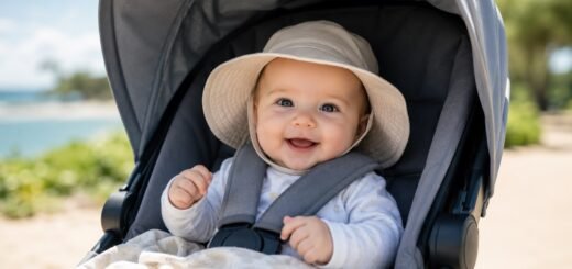 Baby under 6 months sitting in the shade under a stroller canopy with a wide-brimmed hat, following AAP sunscreen for babies' guidelines