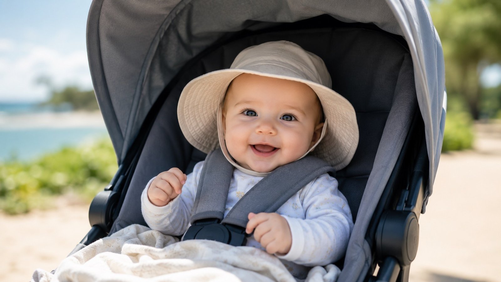 Baby under 6 months sitting in the shade under a stroller canopy with a wide-brimmed hat, following AAP sunscreen for babies' guidelines