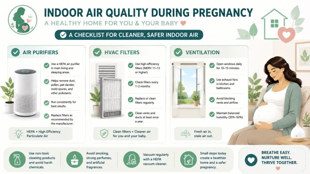 10-step checklist for improving indoor air quality during pregnancy, including air purifiers, HVAC filters, and ventilation