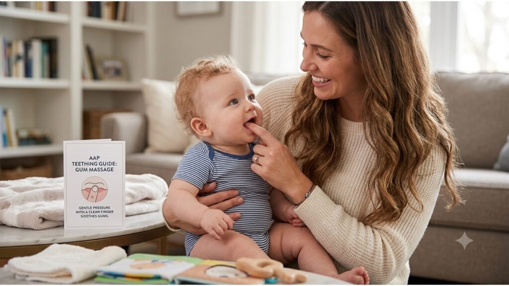 how to soothe teething pain: a parent gently massaging a baby's gums with a clean finger, as recommended by the American Academy of Pediatrics