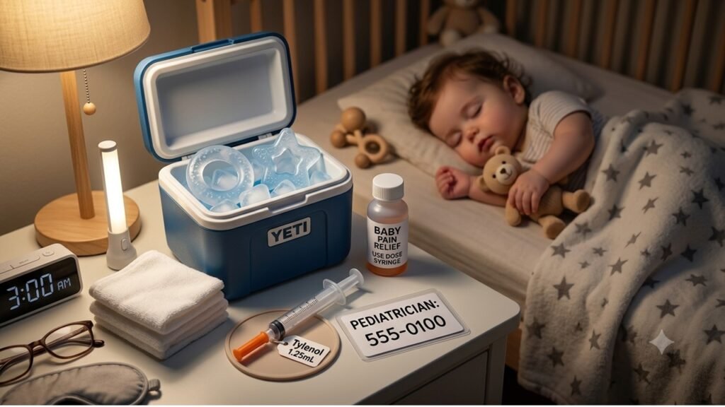 a parent's 3 AM teething emergency kit: chilled teether in a small cooler, clean washcloths, dosing syringe, and pediatrician's contact number