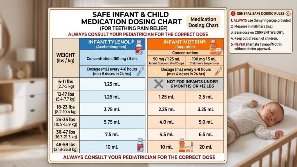 Infant Tylenol and Motrin dosing chart by weight for safe baby teething pain relief, always consult your pediatrician for the correct dose