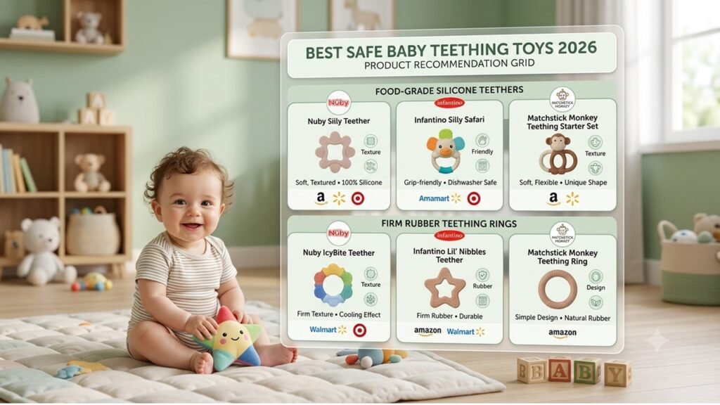 best safe baby teething toys 2026: food-grade silicone teethers and firm rubber teething rings from Nuby, Infantino, and Matchstick Monkey, available at Amazon, Walmart, and Target