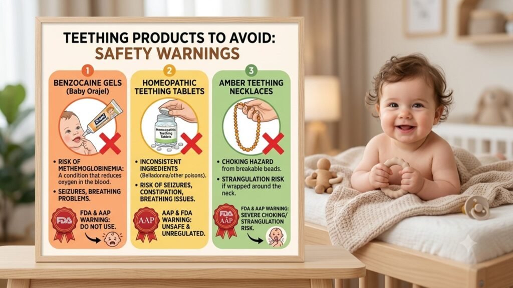 baby teething products to avoid: benzocaine gels (Baby Orajel), homeopathic teething tablets, and amber teething necklaces as per FDA and AAP warnings