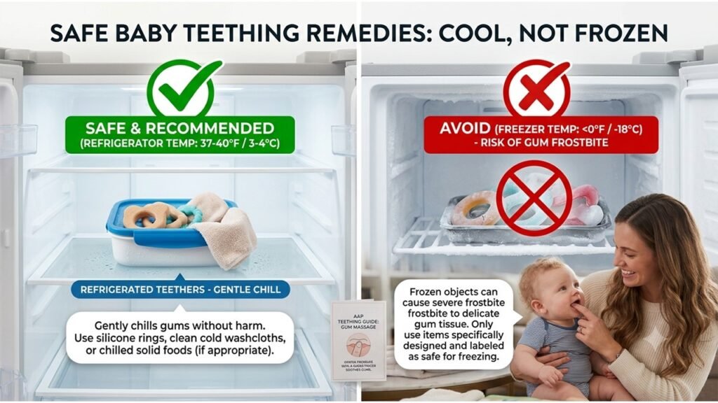 safe baby teething remedies: chilled teething ring in the refrigerator (safe) versus frozen teether (avoid as it can cause gum frostbite)