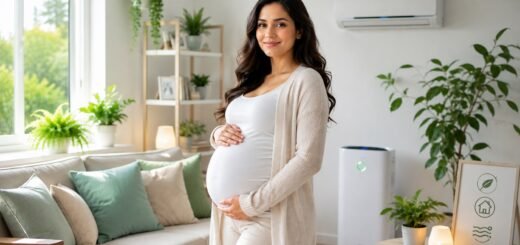 confident expectant mother in a clean, healthy home, illustrating indoor air quality during pregnancy is manageable with the right steps