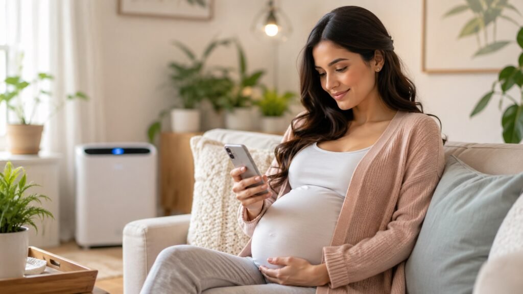 Pregnant woman researching indoor air quality during pregnancy on her phone—common questions answered