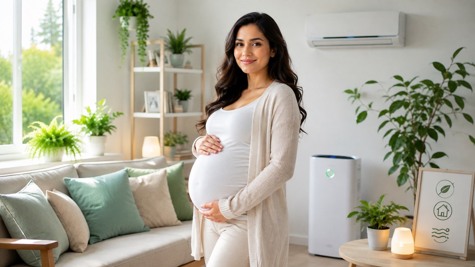 confident expectant mother in a clean, healthy home, illustrating indoor air quality during pregnancy is manageable with the right steps