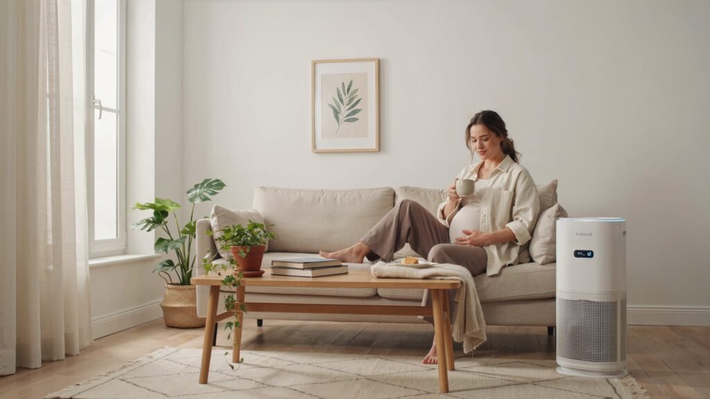 Pregnant woman sitting comfortably in a bright living room with an air purifier nearby, illustrating indoor air quality during pregnancy safety