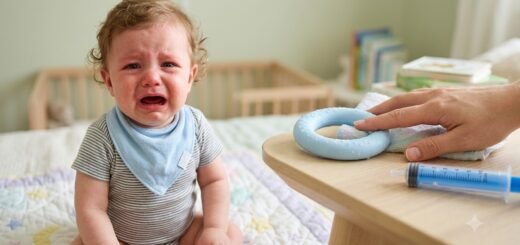 safe baby teething remedies guide featuring a chilled silicone teething ring, a clean finger for gum massage, and an infant medicine dosing syringe, all approved by the AAP and FDA for baby teething pain relief