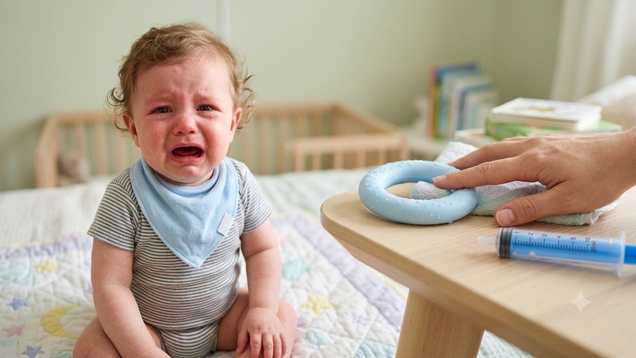 safe baby teething remedies guide featuring a chilled silicone teething ring, a clean finger for gum massage, and an infant medicine dosing syringe, all approved by the AAP and FDA for baby teething pain relief