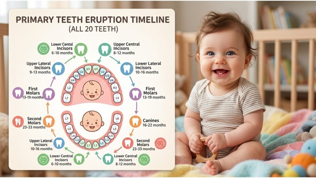 baby teething timeline chart showing the order of eruption for all 20 primary teeth, from central incisors at 6-10 months to second molars at 23-33 months, baby teething remedies that work