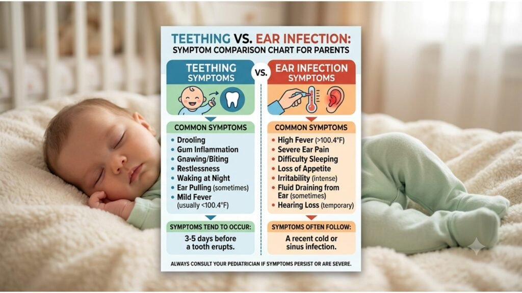 comparison chart showing teething symptoms versus ear infection symptoms to help parents tell the difference