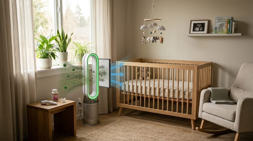 air purifier positioned safely in a baby's nursery