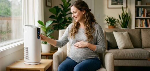 pregnant woman using an air purifier at home