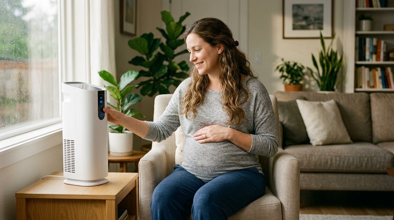 pregnant woman using an air purifier at home
