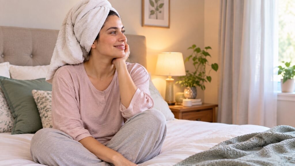 mom sitting comfortably after shower safely after a C-section, how to shower safely after c section