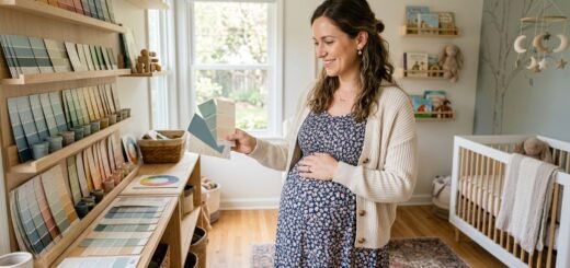 pregnant woman choosing paint colors in nursery illustrating is painting safe during pregnancy