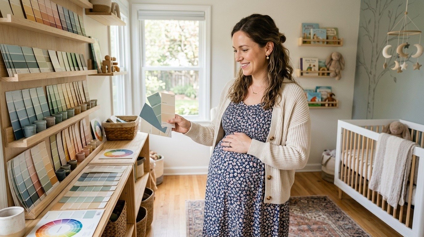 pregnant woman choosing paint colors in nursery illustrating is painting safe during pregnancy