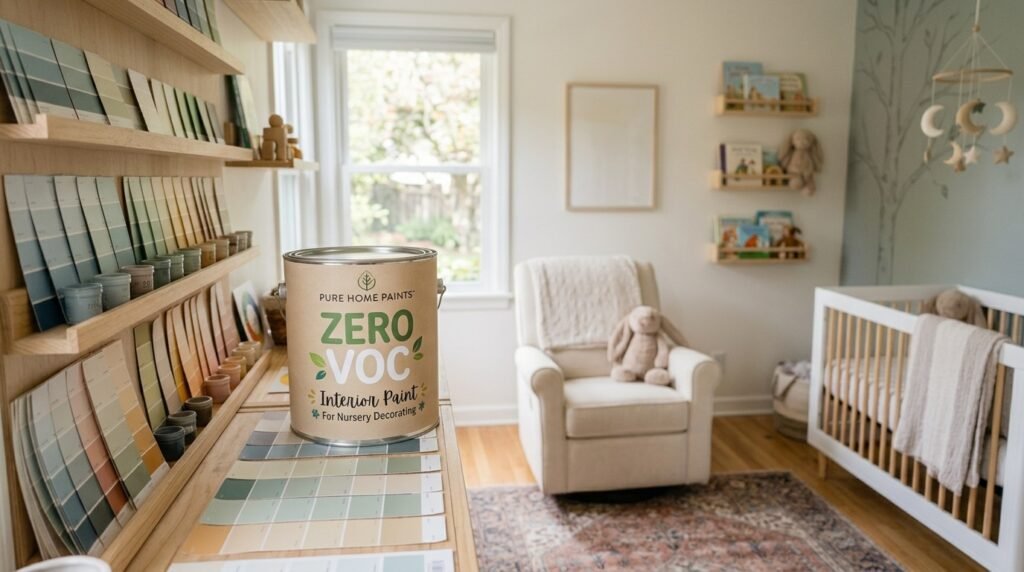 Eco-friendly Zero VOC interior paint can for nursery decorating illustrating is painting a room safe during pregnancy